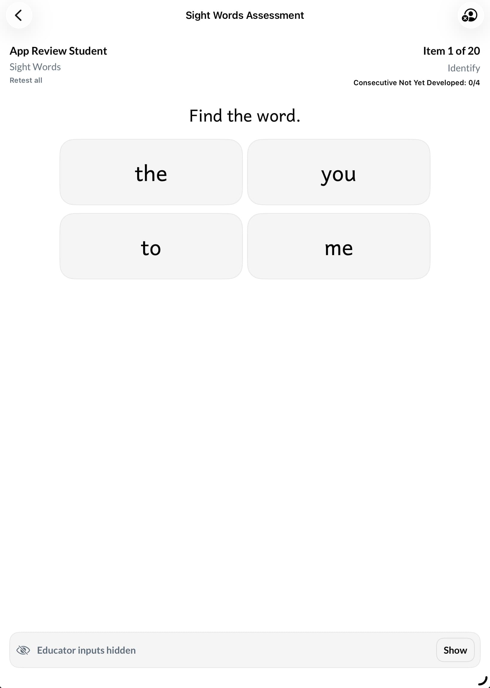 Sight words assessment placeholder